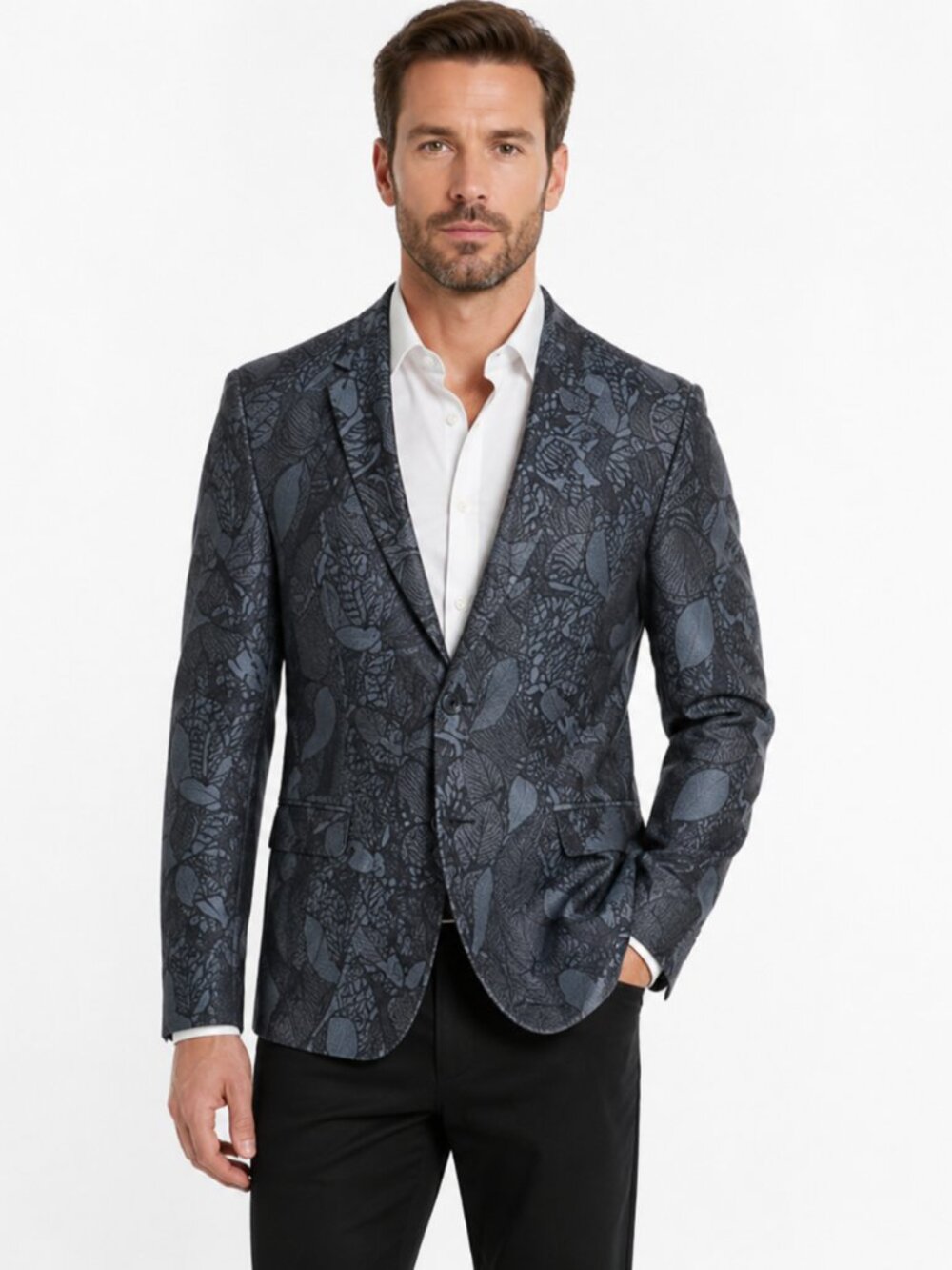 Bogosse Black Floral Jacquard Blazer Slim Fit Button Luxury Designer Size 44